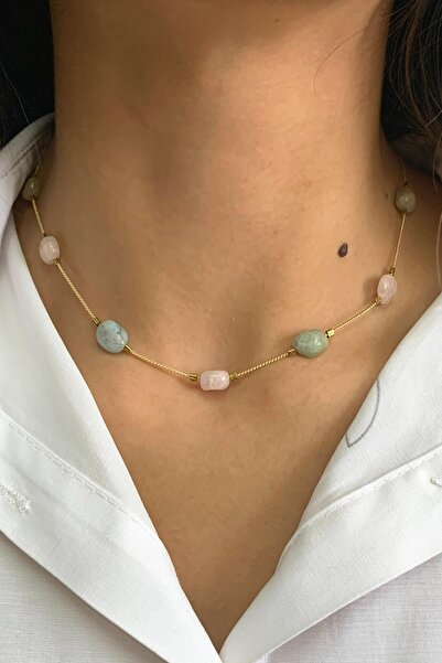 Suerte Accessories Tımbıl Pembe Kuvars Ve Akuamarin Doğal Taşlı Gold Zincirli...