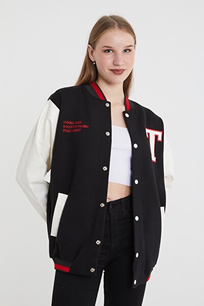 Sporting Kadın Siyah Beyaz Rahat Kesim Kolej Mont