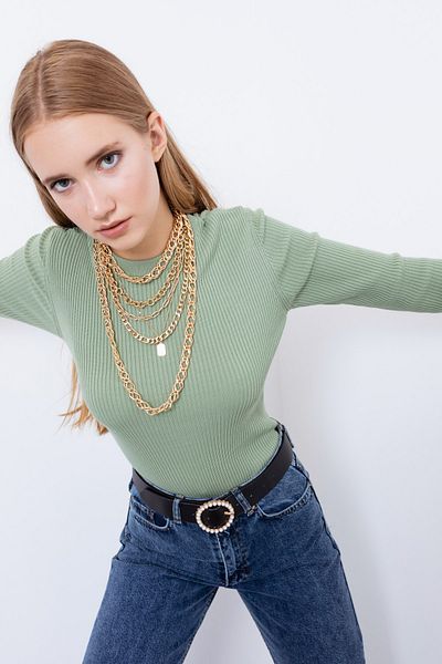 Lafaba Pulover de damă, verde mentă, cu decolteu, tricotaj
