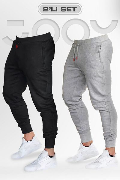 Jooy Company Pantaloni de sport din bumbac pieptănat pentru bărbați, negru și gri, set de 2