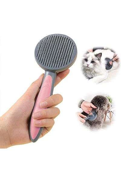 Technojet مشط تجميع الشعر ذو الأزرار للتنظيف التلقائي للكلاب والقطط من Pink Pet وفرشاة العناية بالحيوانات الأليفة