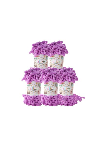 Alize Puffy 5 Pieces Baby Blanket - Orchid Color Hand Knitted, Thread Color Code:378