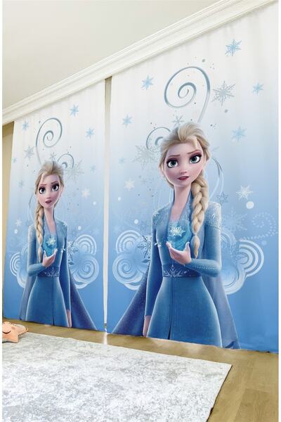 EVPANYA Mavi Elsa Desenli Çocuk & Bebek Odası Fon Perde Tek Kanat