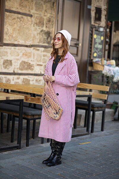 bonnline Pembe Kazayağı Kuşaklı Düşük Omuz Uzun Kaban Astarlı