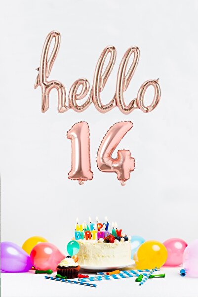 PEKSHOP 14 Yaş Doğum Günü Balonları - Hello 14 El Yazısı Rose Gold Renk Folyo...