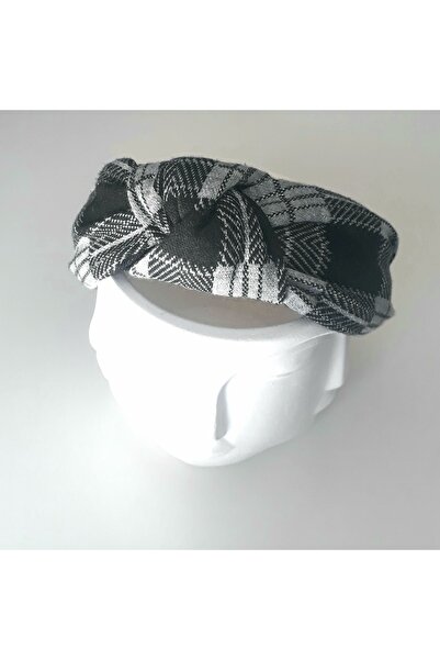 HALHALMILL Kadın Gri & Siyah Ekoseli Simli Düğümlü Saç Bandı Taç