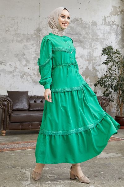 InStyle Guipure Detail Balloon Sleeve Hidzsáb ruha - zöld