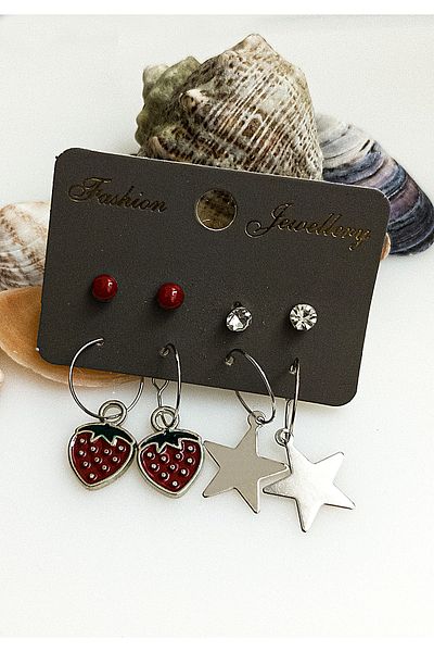 BİJUTERİ EVİ Strawberry Star Figured Multiple Earring Set