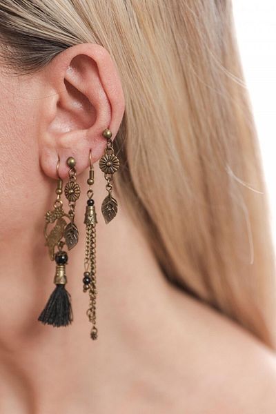 AKIN AKSESUAR HEDİYELİK Set of 4 Authentic Earrings with Tassels and Leaf and Bird Figures