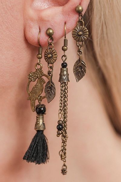 AKIN AKSESUAR HEDİYELİK Set of 4 Authentic Earrings with Tassels and Leaf and Bird Figures