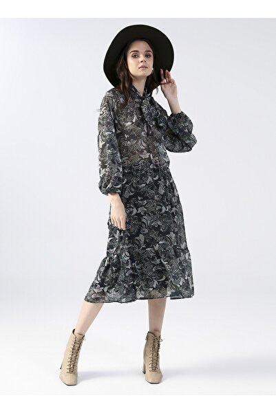 Fabrika V Yaka Desenli Midi Yeşil - Siyah - Beyaz Kadın Elbise Papatya-22