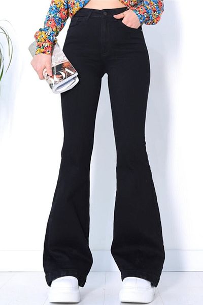 LİMABEL Flared Leg Jeans Colorfast Black Flared Jeans High Waist Denim Trousers