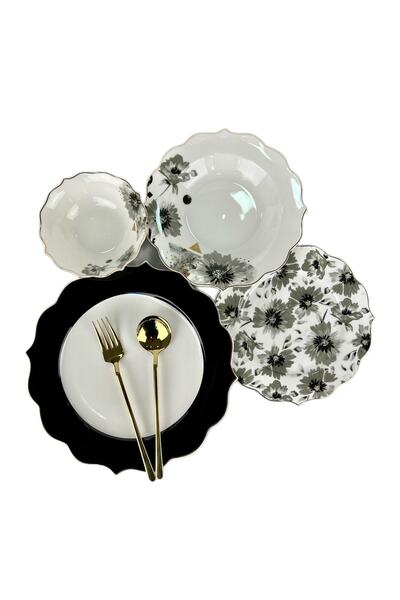 Pink&More Pink & More Lüx Bone Porselen Black Rosax 24 Parça Yemek Takımı