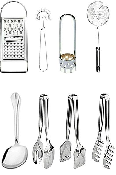 Trouvaille 8 Piece Kitchen Dowry Set Grater + Beater + Colander + Serving Spoon + Salad Tongs Kitchen Prep Set