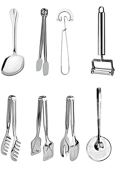 Trouvaille 8 Piece Dowry Serving Spoon, Grilling Tongs, Beater, Julienne Peeler Kitchen Preparation Set Kitchen Dowry