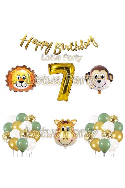 LOTUS PARTY Safari Themed 7 Year Old Birthday Set 30 Balloon 3 Pieces Animal Figure Foil Balloon Happy Birthday Face