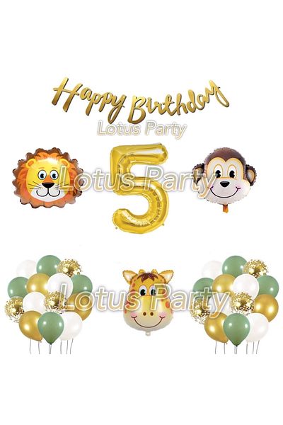 LOTUS PARTY Safari Themed 5 Year Old Birthday Set 30 Balloon 3 Pieces Animal Figure Foil Balloon Happy Birthday Face