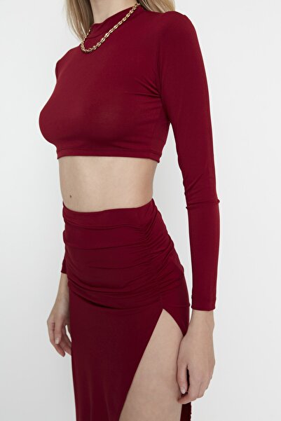 Trendyol Collection Claret Red Crop Gather Detailed Deep Slit Flexible Knitted Bottom-Top Set TWOAW22AU0222