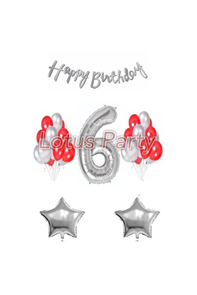 LOTUS PARTY 6 Year Old Birthday Set 1 Number Balloon 20 Pieces Silver - Red B...