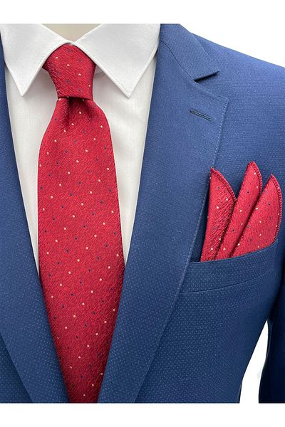 Brianze Red Navy Blue Gold Dot Pattern Tie Handkerchief Set