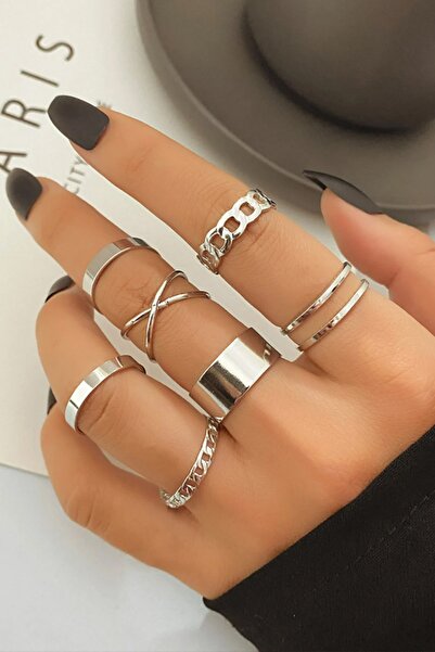 Ervalina 8'li Tasarım Yüzük Set Gümüş Rengi 1536 (4 ADEDİ AYARLANABİLİR)