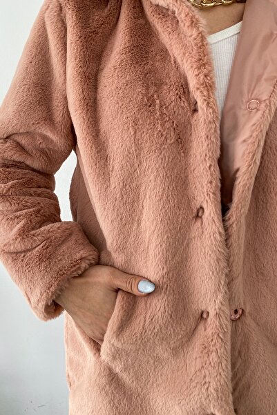 FEMELLE Γυναικείο παλτό γούνας με βελούδινη κουκούλα με επένδυση σε πούδρα