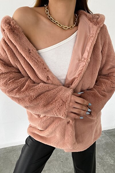 FEMELLE Γυναικείο παλτό γούνας με βελούδινη κουκούλα με επένδυση σε πούδρα