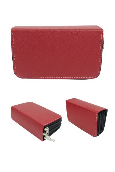 Size Husă pentru creion Roșu Claret din piele vegană cu trei compartimente (s...