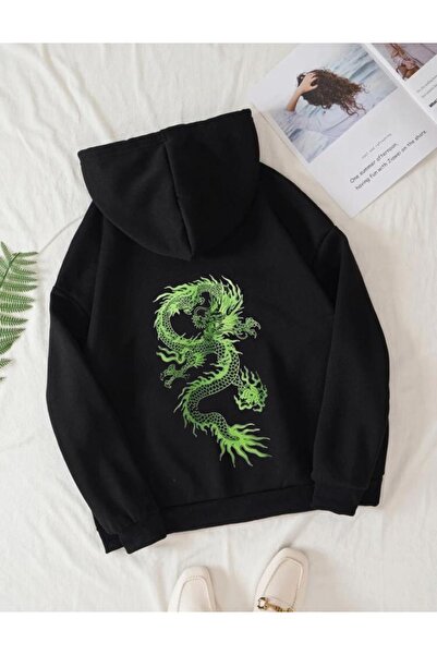 LOUİSA Μαύρο φούτερ με κουκούλα Oversize Green Dragon με στάμπα