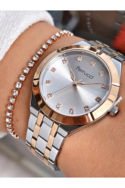 Ferrucci Rose Gold Gümüş Çift Renk Orjinal Sade Model Çelik Kordon Kadın Kol ...