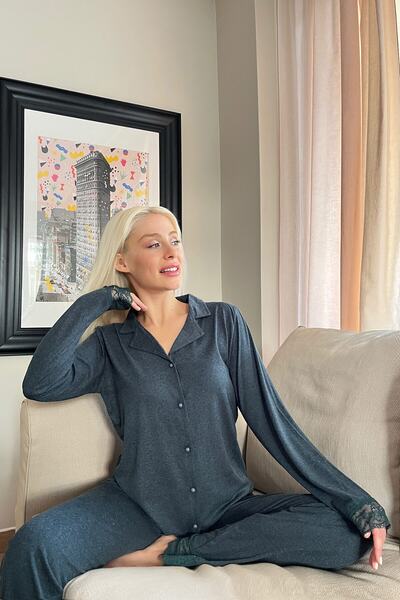 Pijamaevi Zöld elöl gombos bambusz hosszú ujjú pizsama szett