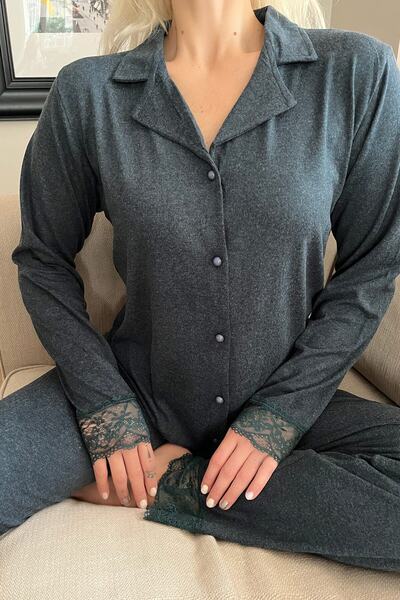 Pijamaevi Zöld elöl gombos bambusz hosszú ujjú pizsama szett