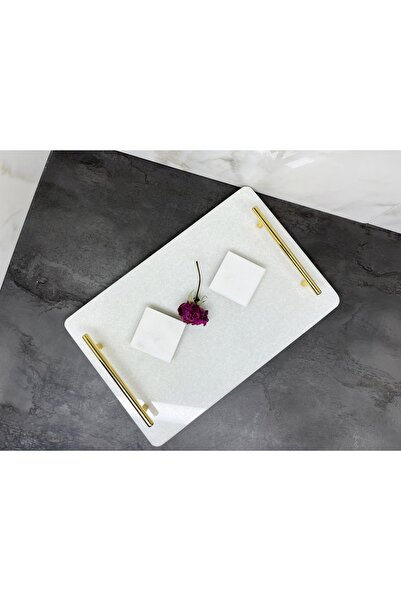 Modestmar Doğal Beyaz Mermer Tepsi Söz Tepisi / Sunum Tepsisi Pure White Gold...