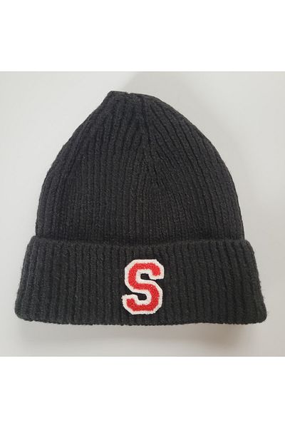 initialess Mohair Folded Knitted Black Wool Beret with Letter S