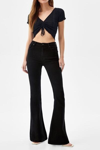 LİMABEL Ikon Spanish Flare Leg Jeans No Fade Black Spanish Jeans High Waist Denim Trousers