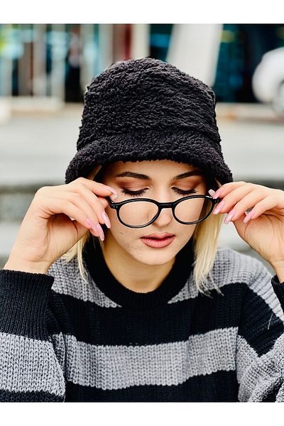Moda Kızı Butik Black Color Unisex Bucket Model Fisherman Plush Bucket Hat Winter Hat