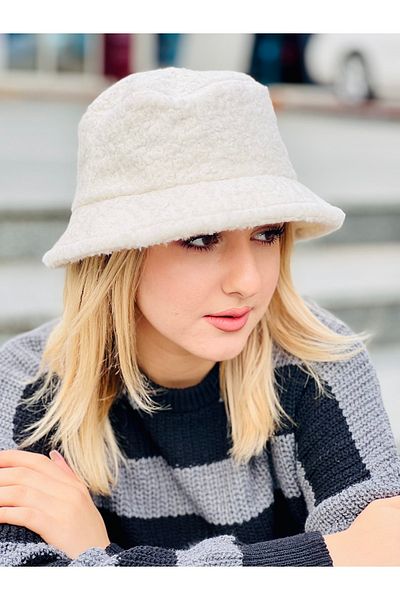 Moda Kızı Butik White Color Unisex Bucket Model Fisherman Plush Bucket Hat Winter Hat