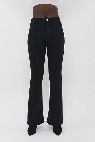 LİMABEL Black Ikon Spanish Flare Leg Jeans No Fade Black Spanish Jeans High Waist Denim Trousers