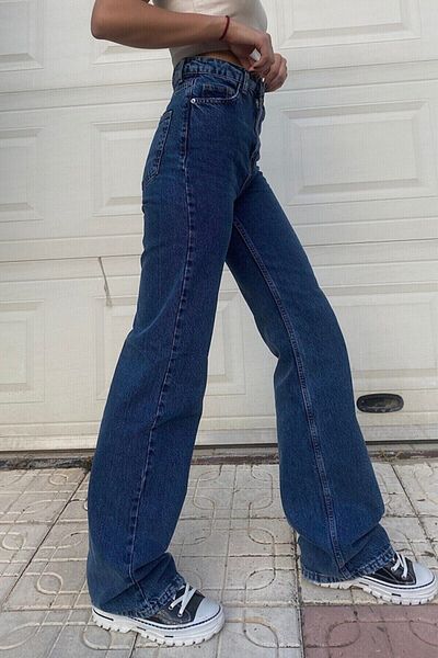 Ramrod Pantaloni Palazzo Rayska Blue Inchis Lycra cu talie super inalta blugi largi