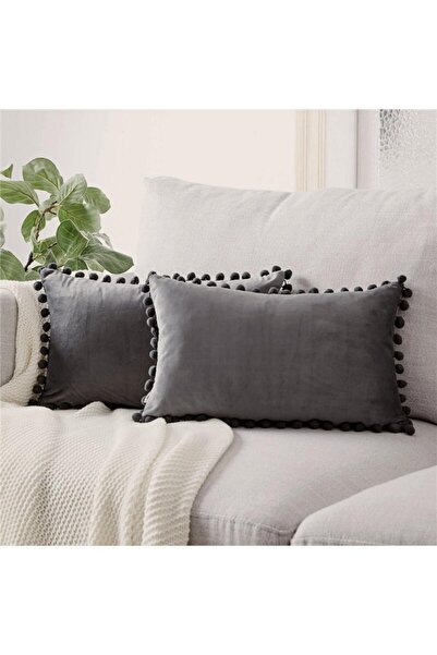 Bc Home 2'li Gri Minik Ponponlu Yumuşak Dokulu Kırlent Kılıfı Seti Sade ,düz, 2 Adet ,ıskandinav,bohem
