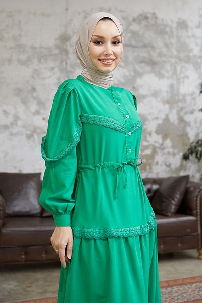 InStyle Guipure Detail Balloon Sleeve Hidzsáb ruha - zöld