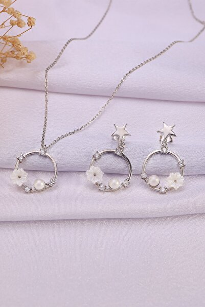 Miavi Silver 925 Ayar Gümüş Çerçeve Manolya Kolye Küpe Set