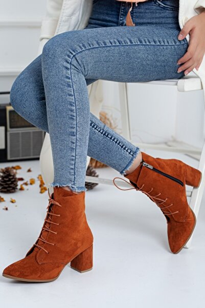 SOFT FASHION Kadın Taba Süet Kışlık Günlük Şık Yeni Moda Rahat Tabanlı Bağcıklı Bot Ayakkabı - Topuk 7 Cm