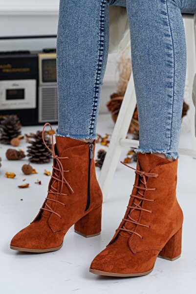 SOFT FASHION Kadın Taba Süet Kışlık Günlük Şık Yeni Moda Rahat Tabanlı Bağcıklı Bot Ayakkabı - Topuk 7 Cm