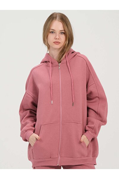 Barkaist Kadın Pembe Kanguru Cepli Kapüşonlu Sweatshirt