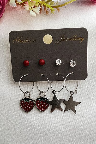 BİJUTERİ EVİ Strawberry Star Figured Multiple Earring Set