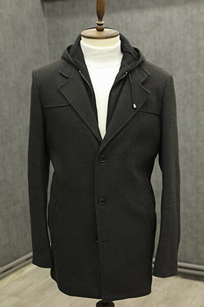 Maracana Erkek Regular Fit Kaşe Kaban Çıkma Kapüşonlu