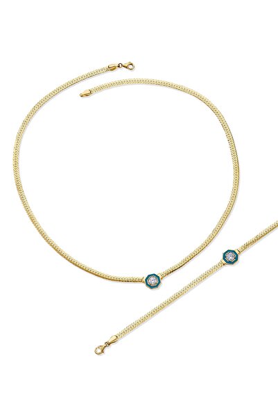 Nilvera Kuyumculuk 14 Ayar Altın Mavi Çağla Kolye Bileklik Takı Seti