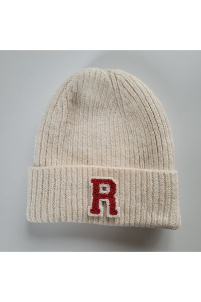 initialess Mohair Folded Knitted Ecru Wool Beret with Letter R