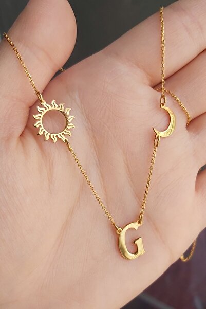 ÖZGÜR TAKI 925 Ayar Gümüş 24 Ayar Altın Kaplama Ay Ve Güneş Figürlü Harf Kolye